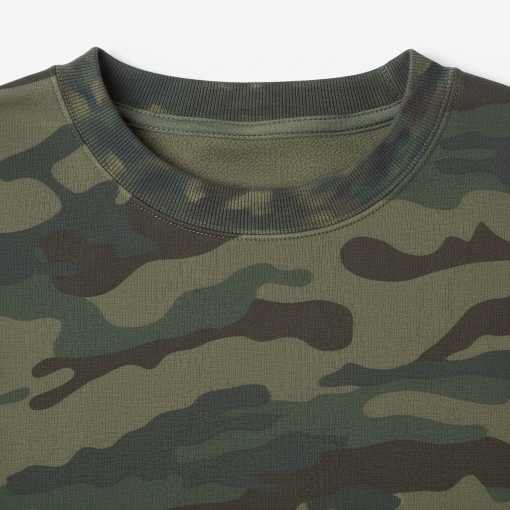 Close-up of a camouflage crewneck shirt showing the ribbed collar and pattern details in shades of green, brown, and black.