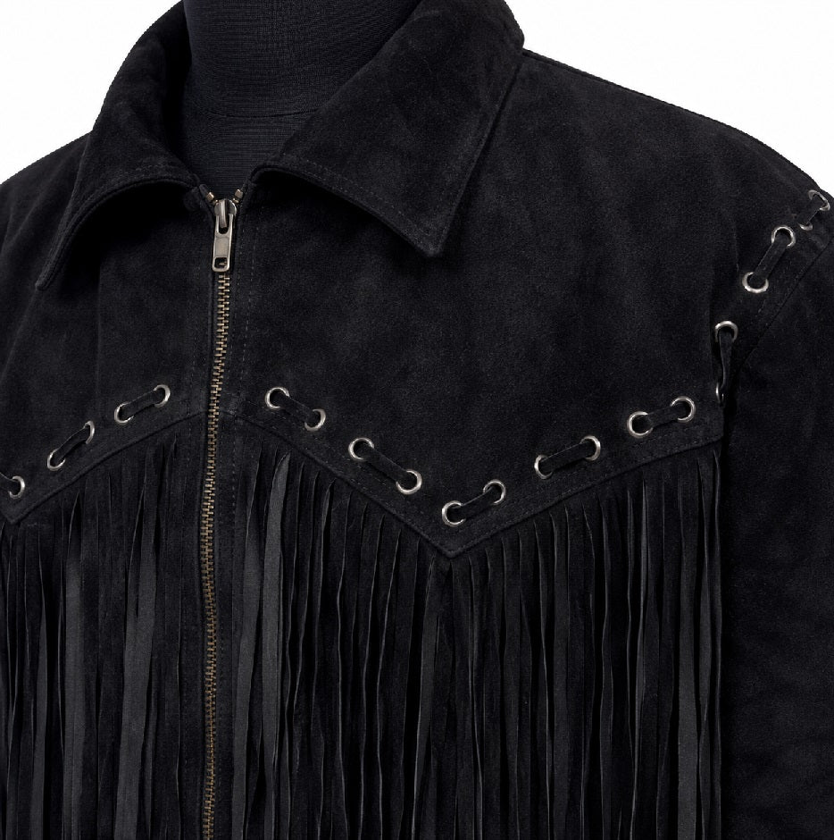 Men's Black Suede Fringe Jacket close-up detail showing silver eyelets, leather lace and suede texture