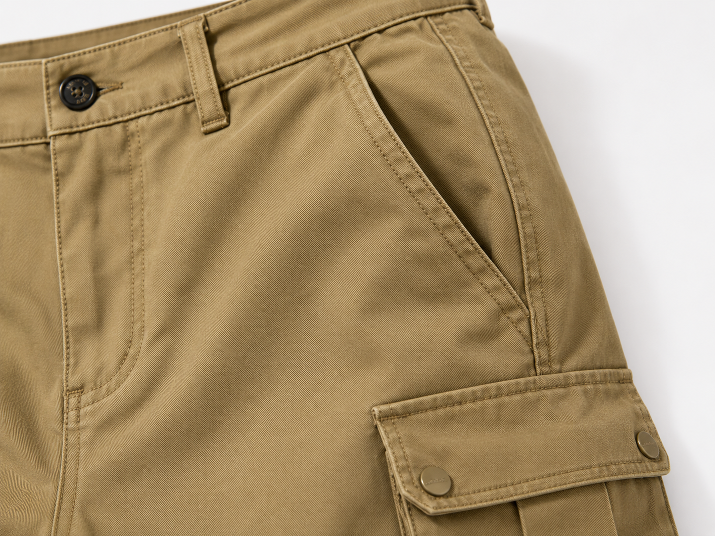 Men's Khaki Cotton Twill Cargo Jogger Trousers close-up detail showing cargo pocket snap button and slash pocket