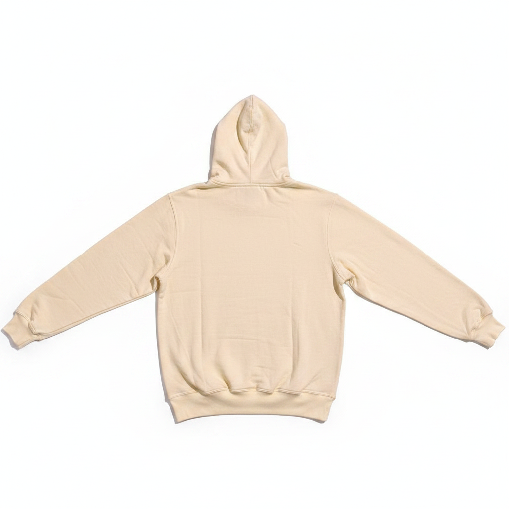 A light beige hooded sweatshirt shown from the back, laid flat against a solid white background.