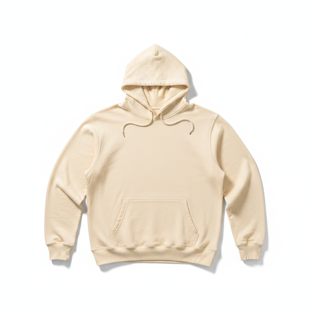 A light beige pullover hoodie with a front kangaroo pocket and matching drawstrings, laid flat on a white background.