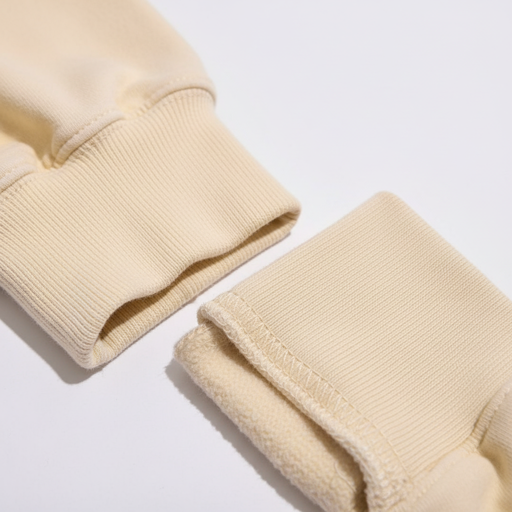 Close-up of a cream-colored ribbed knit garment cuff and matching fleece-lined fold on a white background.