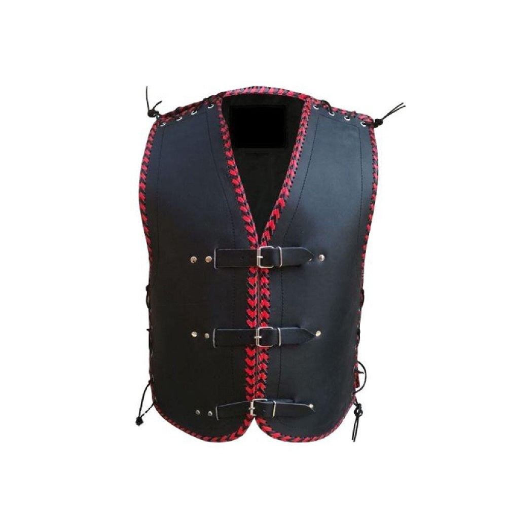 Black leather vest with red stitching