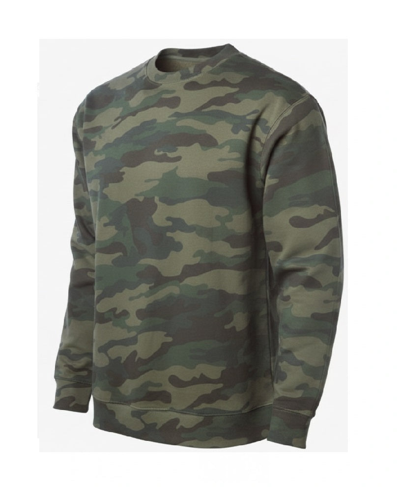 A long-sleeve crewneck sweatshirt featuring a classic green and brown camouflage pattern, shown against a plain white background.