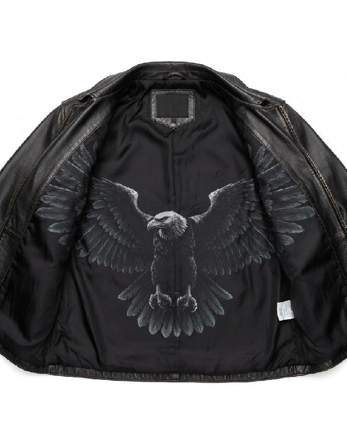 Black jacket with an eagle design on the back against 