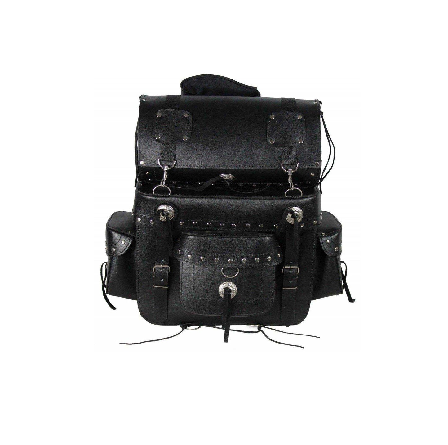 Black leather backpack with multiple straps on a white background