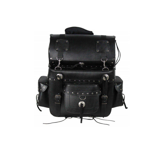 Black leather backpack with multiple straps on a white background