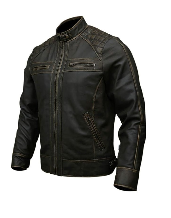 Men's Distressed Brown Leather Biker Jacket Side Angle with Quilted Back Yoke and Zip Pockets