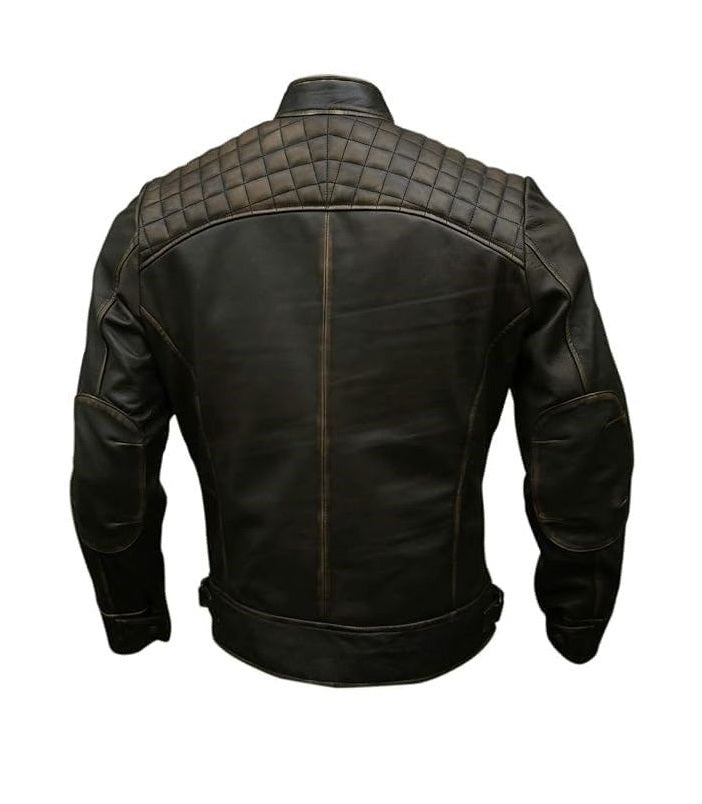 Men's Distressed Brown Leather Jacket Back View with Diamond Quilted Yoke Panel
