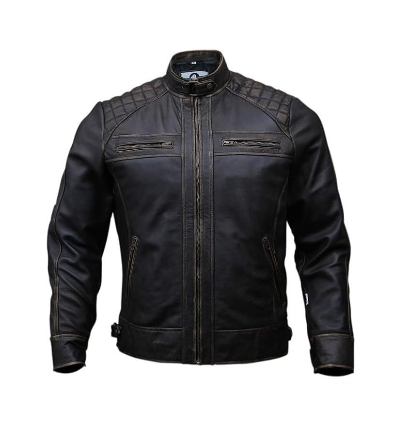 Men's Distressed Dark Brown Leather Motorcycle Jacket with Quilted Shoulders