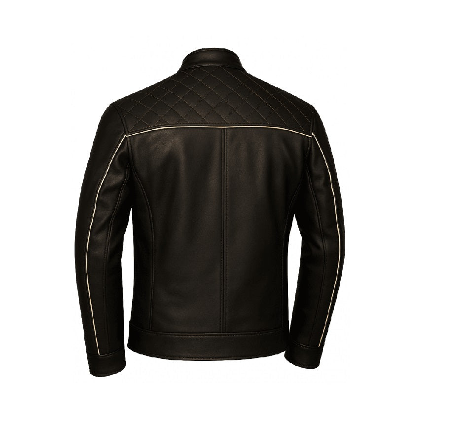 Men's Black Leather Café Racer Jacket | Cream Contrast Piping