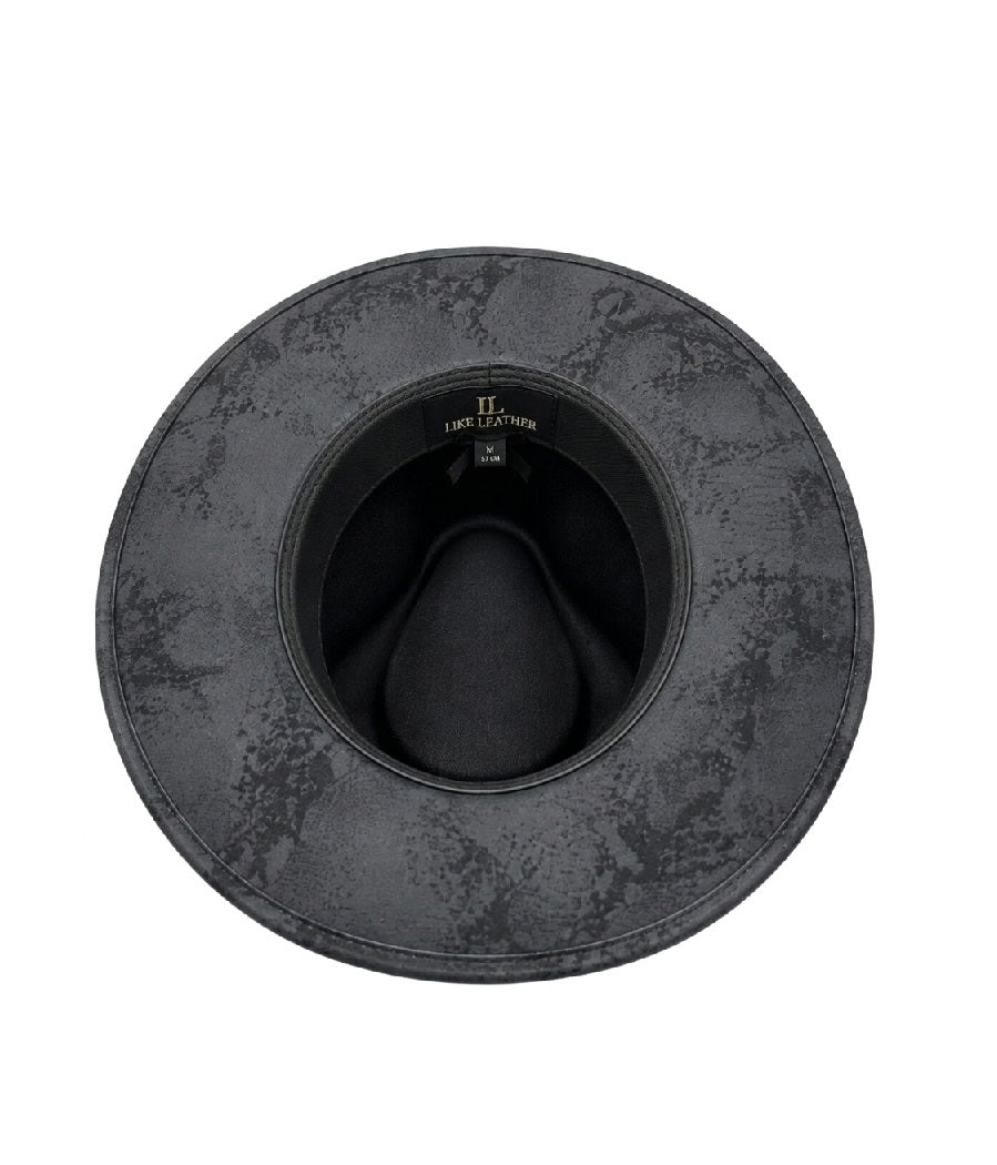 Men's black distressed leather cowboy hat with three bronze concho medallions – front view showing full brim and crown