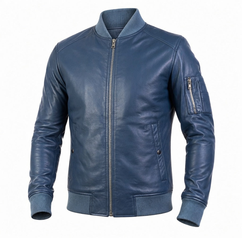Blue leather jacket worn by a person on a white background