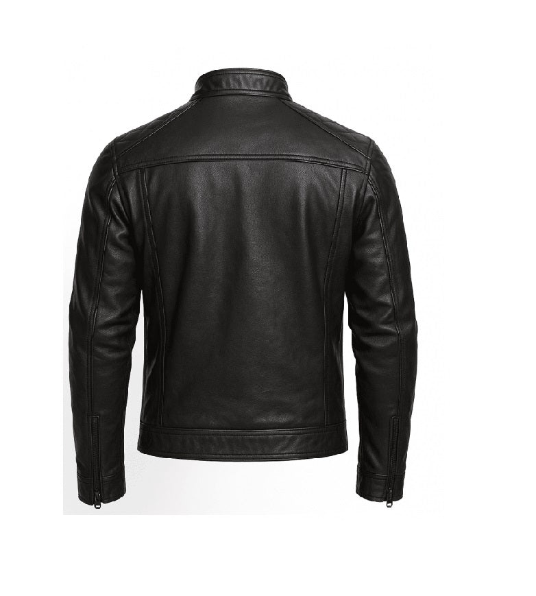 Men's Black Leather Café Racer Jacket | Gothic Skull Lining