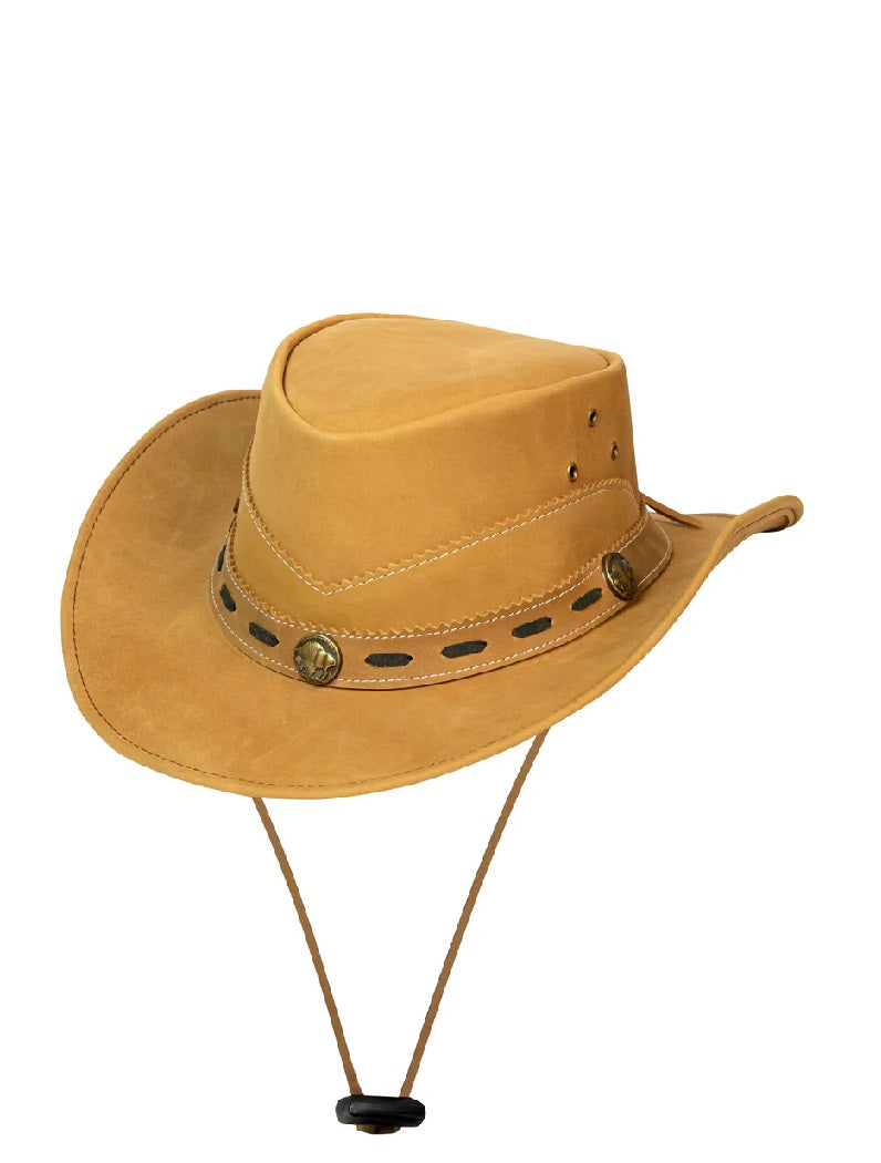 Men's camel cowhide leather outback cowboy hat – front view showing buffalo concho band and wide brim