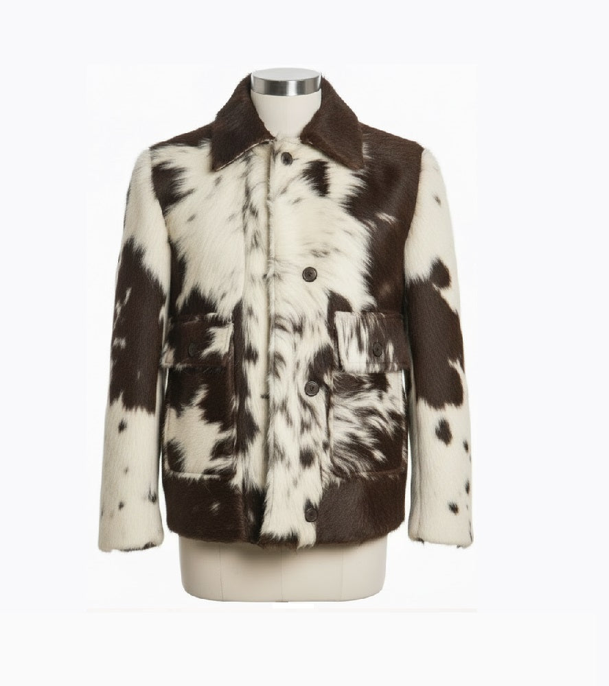 A cow-print faux fur jacket with dark brown and white patches, featuring a pointed collar, snap-button front, and flap pockets, displayed on a mannequin torso against a white background.