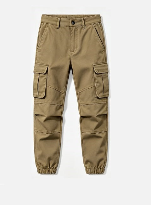 Men's Khaki Cotton Twill Cargo Jogger Trousers front view showing double cargo pockets, slash pockets and button closure