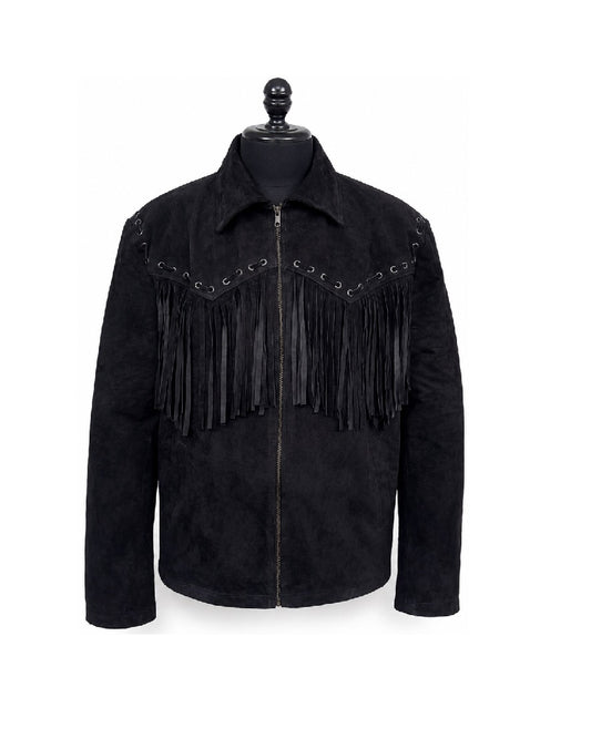 Men's Black Suede Fringe Jacket front view showing leather fringe, silver eyelet trim and full-length zip