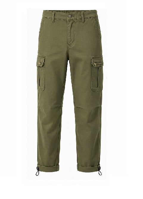 Olive green cargo pants with side flap pockets and adjustable cuffs, shown flat against a white background.