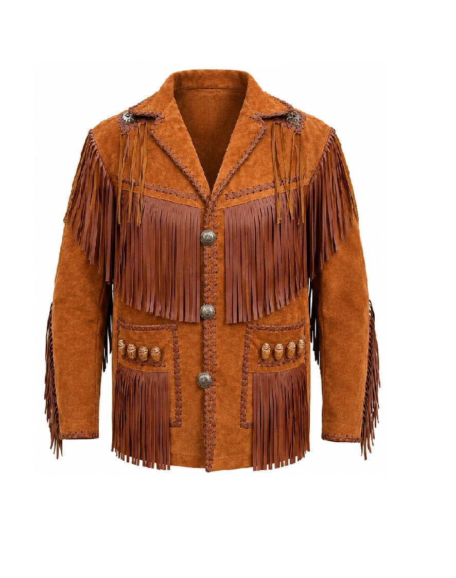 A brown suede fringe jacket with decorative buttons and embroidery, shown against a plain white background.