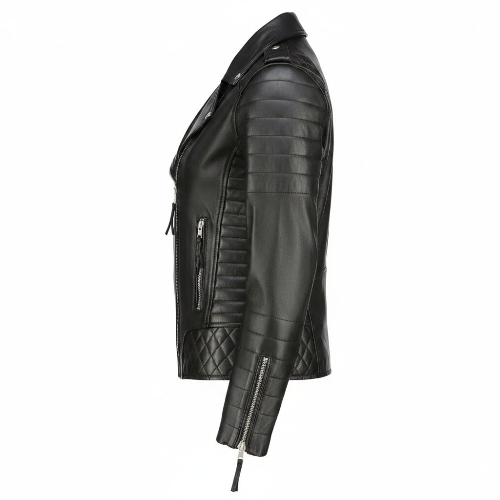 Black leather jacket with quilted design on a white background