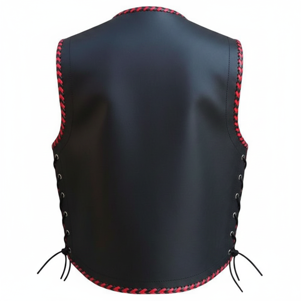 Black Leather Biker Vest - Back View