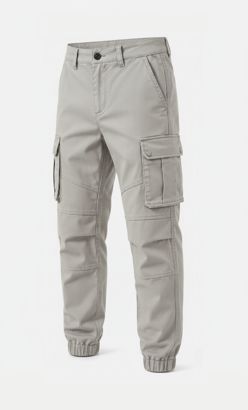 Light gray cargo pants with multiple utility pockets and elastic cuffs, shown on a plain light gray background.