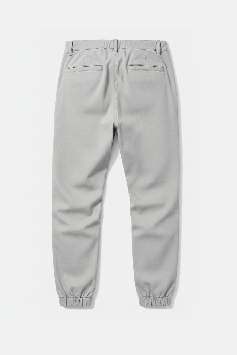 A pair of light gray jogger pants shown from the back, featuring a relaxed fit, elastic cuffs, and two back patch pockets, photographed on a clean white background.