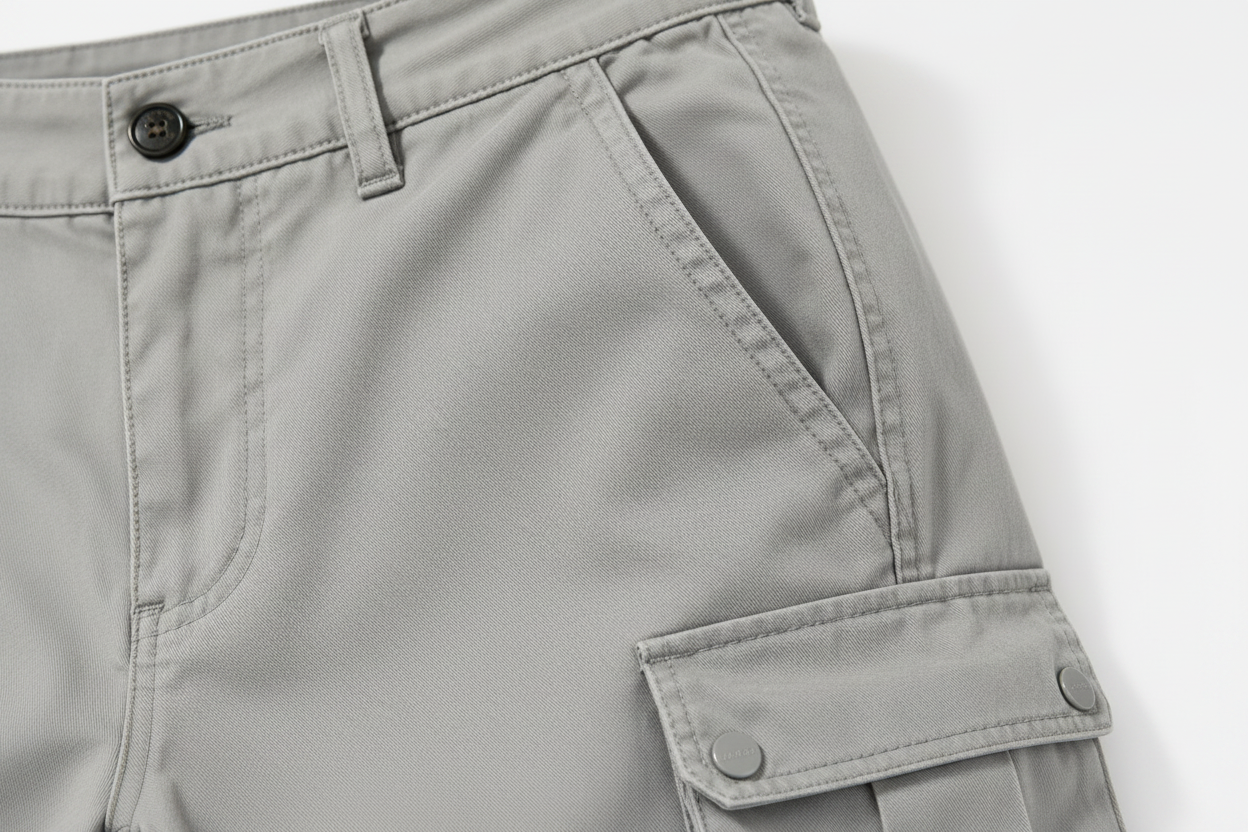 Close-up of light gray cargo shorts showing the waistband, button closure, belt loops, side pocket, and a flap cargo pocket with snap buttons on the leg.