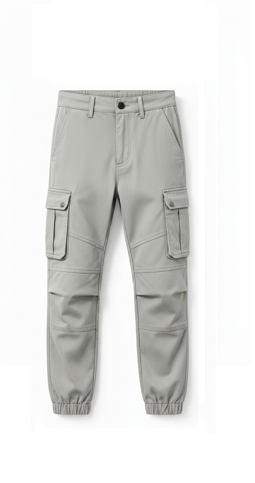 Light gray cargo jogger pants with elastic cuffs, shown flat against a white background.