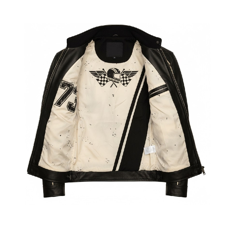 Men's Black Leather Café Racer Jacket | Cream Contrast Piping