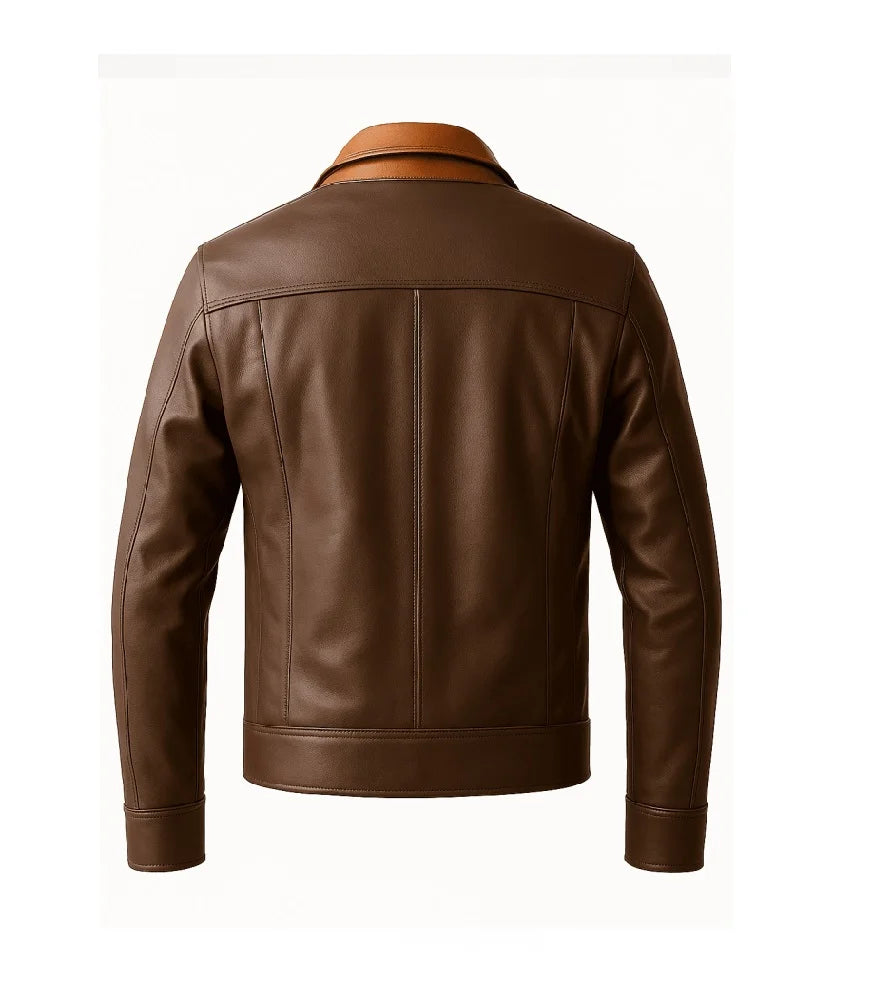 Men's Dark Brown Leather Jacket | Cognac Collar