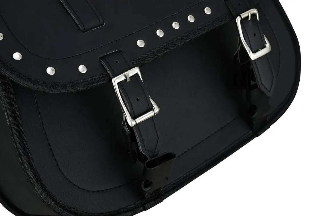 Full-grain leather studded saddle bag with buckle closure