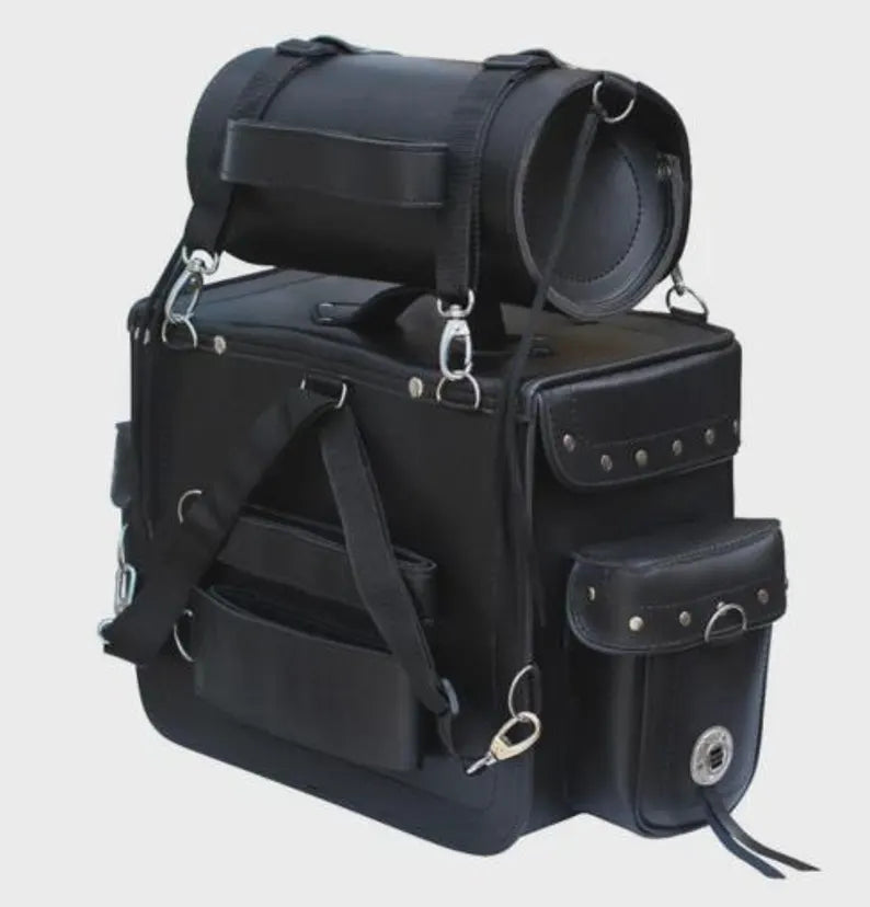 Black leather bag with multiple compartments