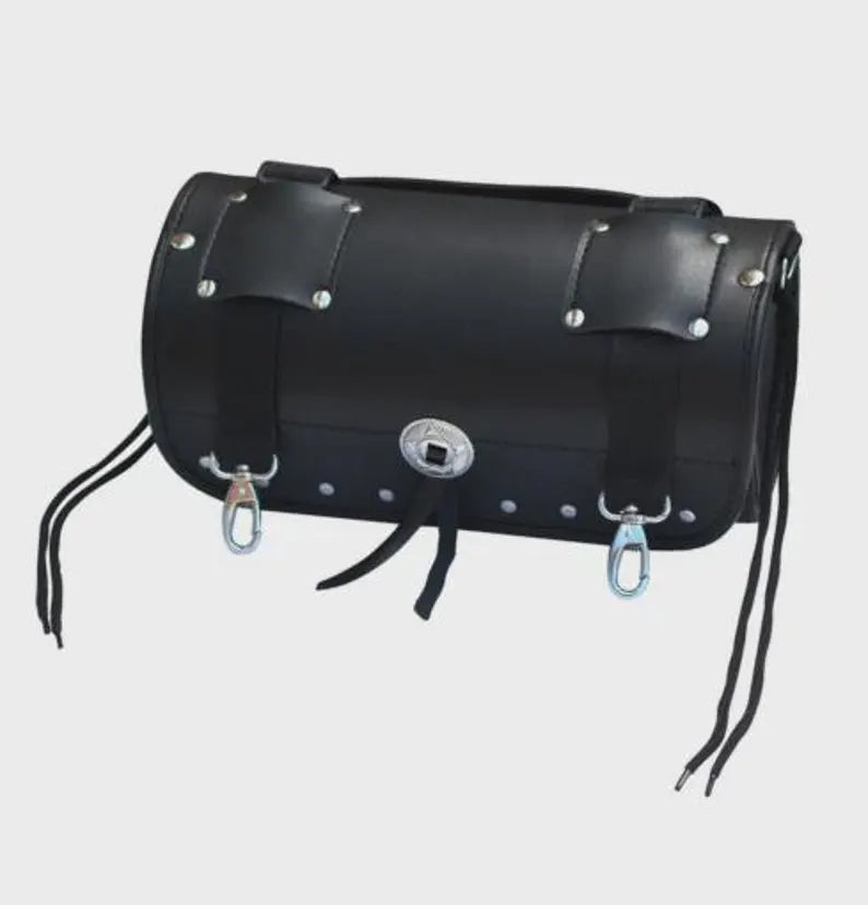 Black leather saddlebag with silver studs and hooks