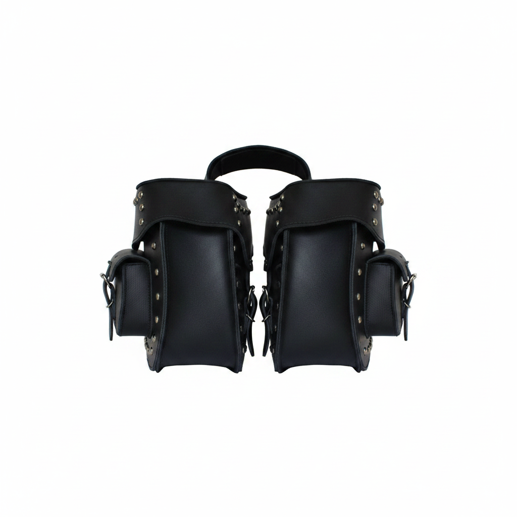 Black studded leather motorcycle saddlebag pair straight front view showing both bags with silver stud detailing
