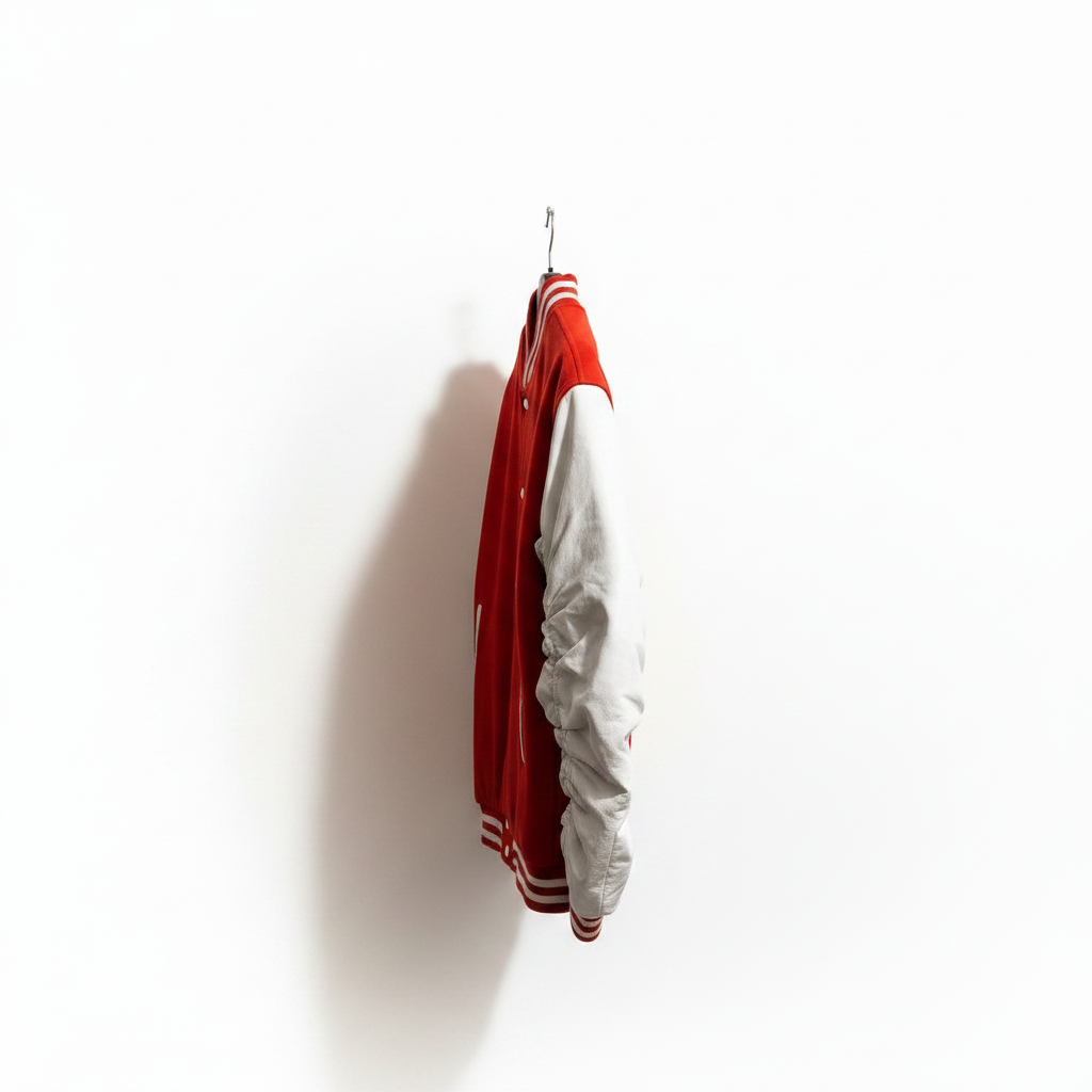 Men's Red Varsity Bomber Jacket White Leather Sleeves — side view