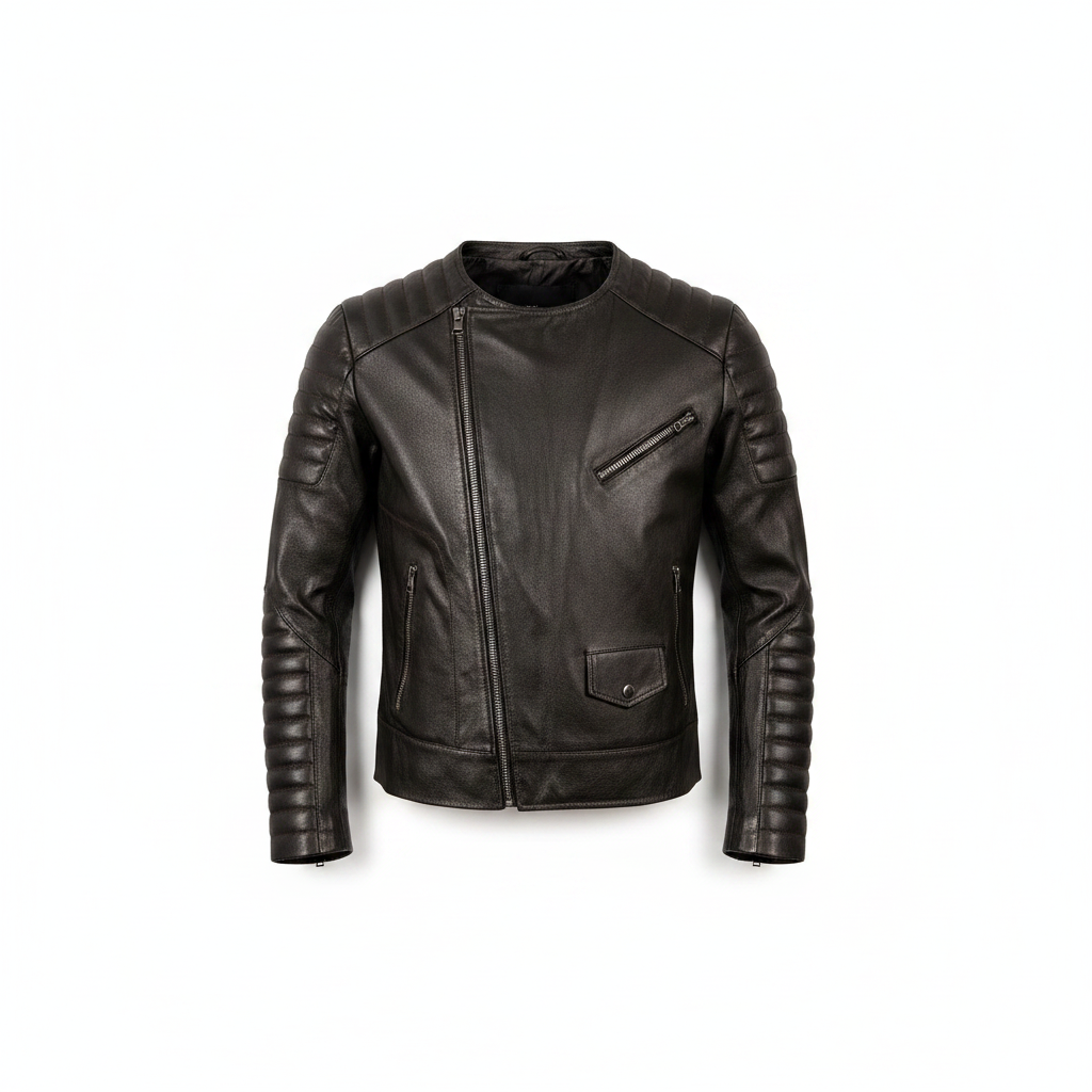Like Leather Men's Classic Black Leather Biker Jacket — flat lay top-down view showing full jacket silhouette, dual asymmetric zips, quilted shoulders and sleeves, collarless neck and side pockets