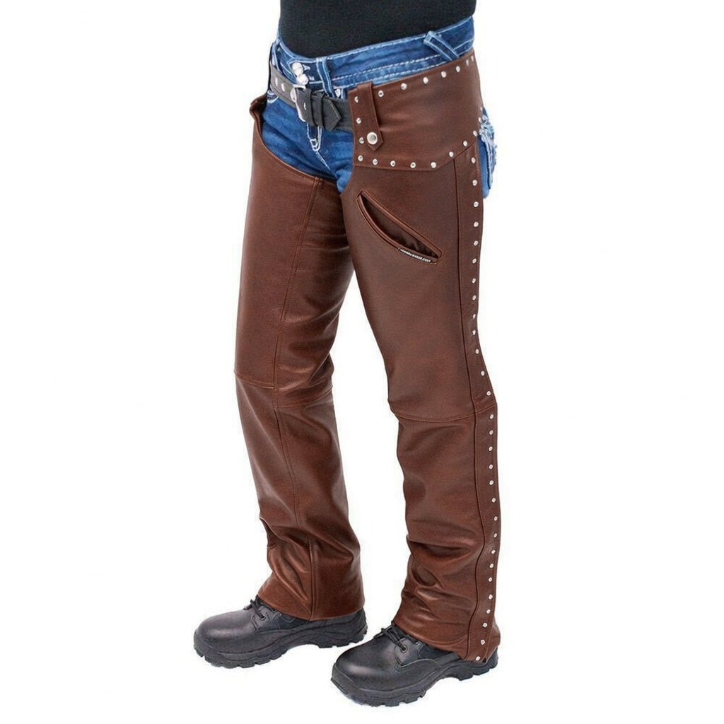 Brown leather pants with studded details on