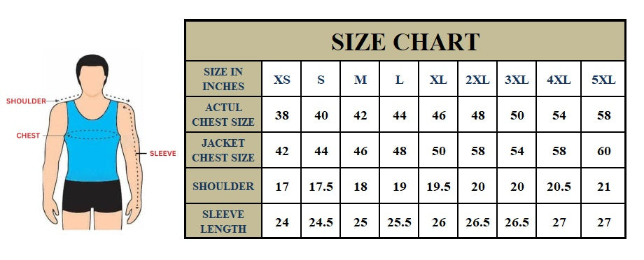 Men's Leather Jacket Size Chart – XS to 5XL with Chest, Shoulder and Sleeve Measurements in Inches
