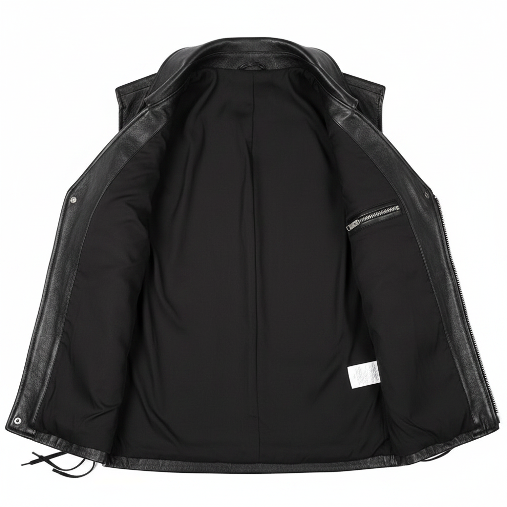 Men's Black Leather Biker Vest - Interior Lining View