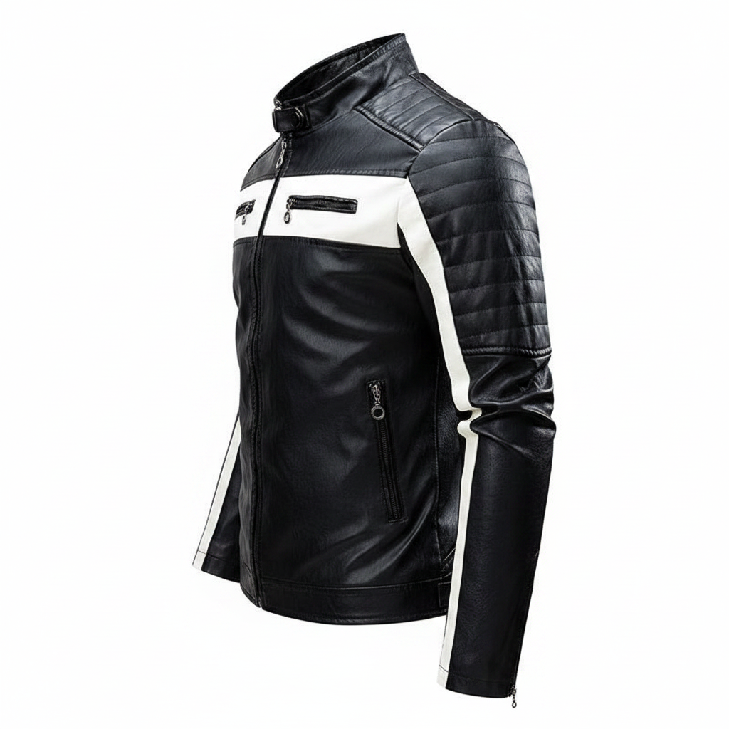 Men's Black & White Leather Biker Jacket Left Side View
