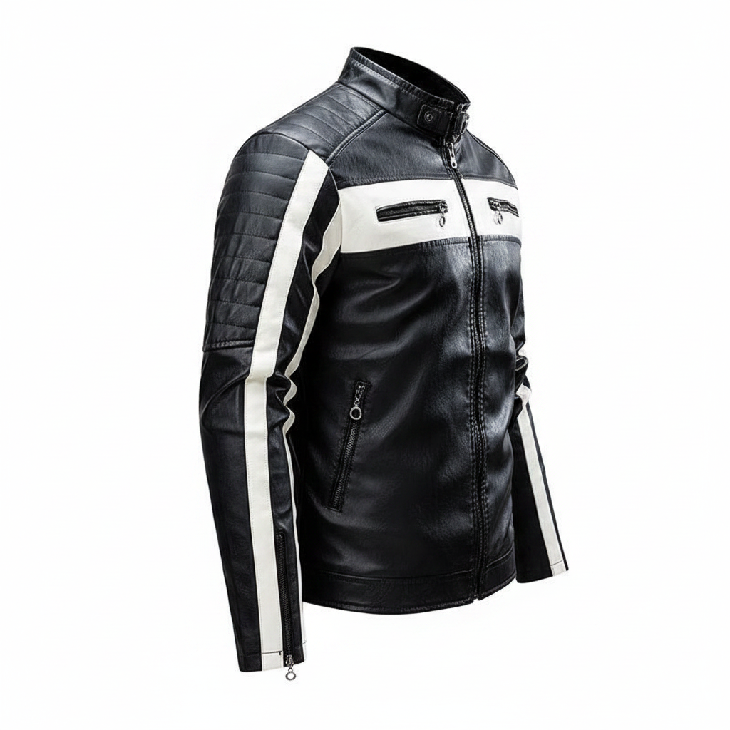 Men's Black & White Leather Biker Jacket Side View