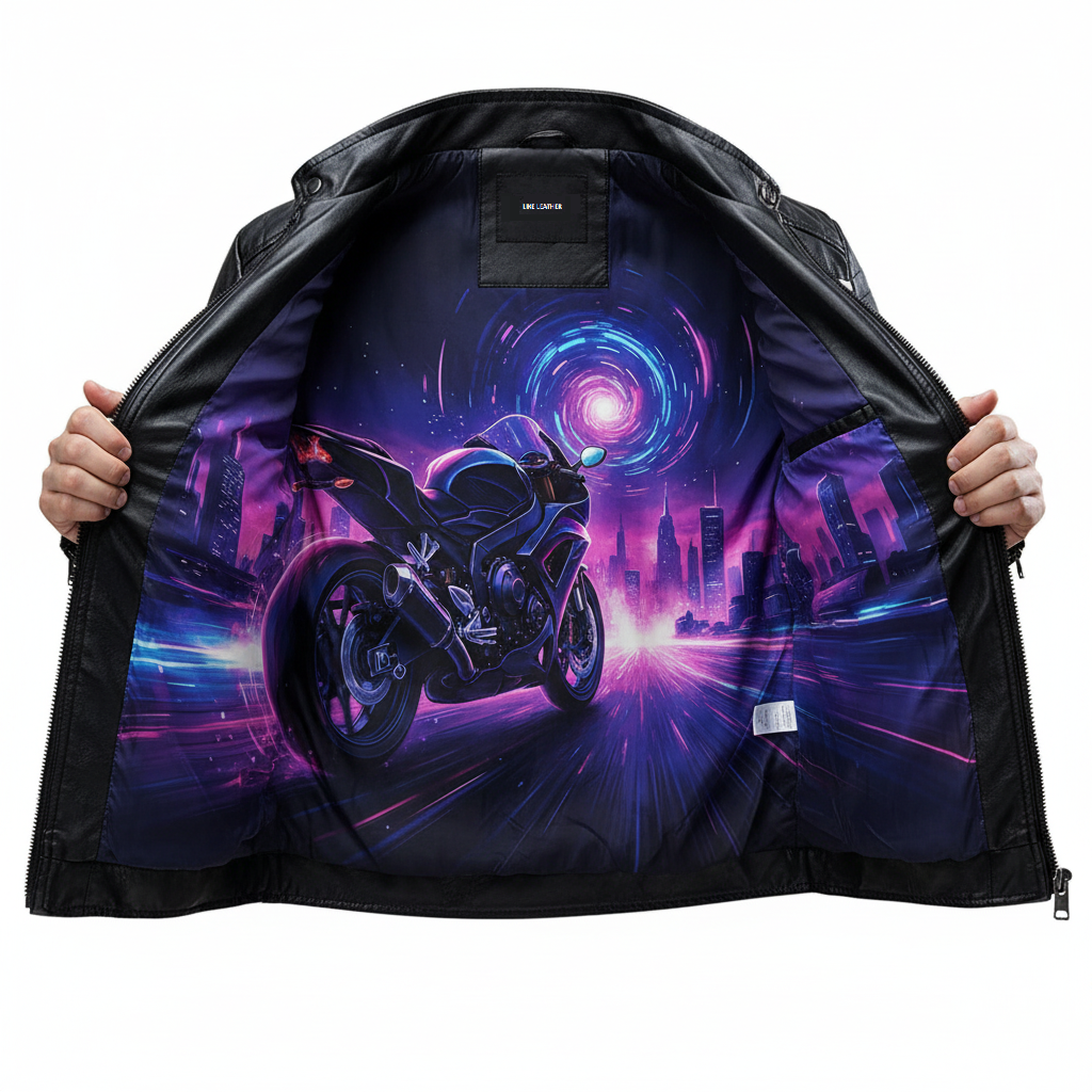 Black jacket with a sublimation futuristic cityscape and motorcycle design a premium interior lining