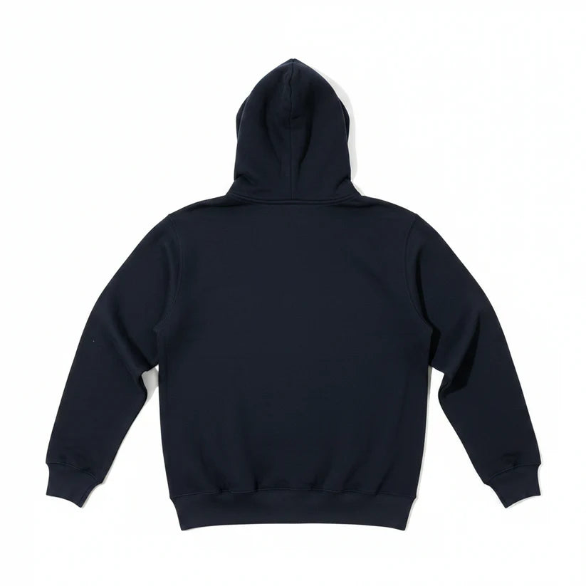 A dark navy blue pullover hoodie shown from the back, laid flat against a solid white background.