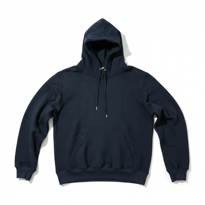 A dark navy blue pullover hoodie with a front kangaroo pocket and drawstrings, laid flat on a white background.