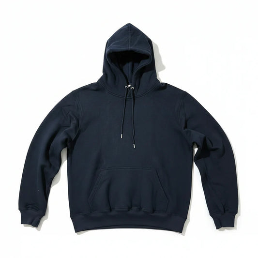 A dark navy blue pullover hoodie with a front kangaroo pocket and drawstrings, laid flat on a white background.