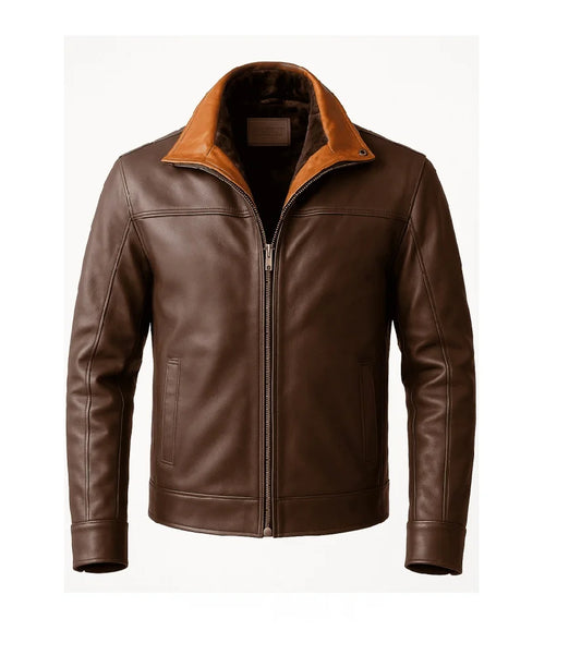 Men's Dark Brown Leather Jacket | Cognac Collar