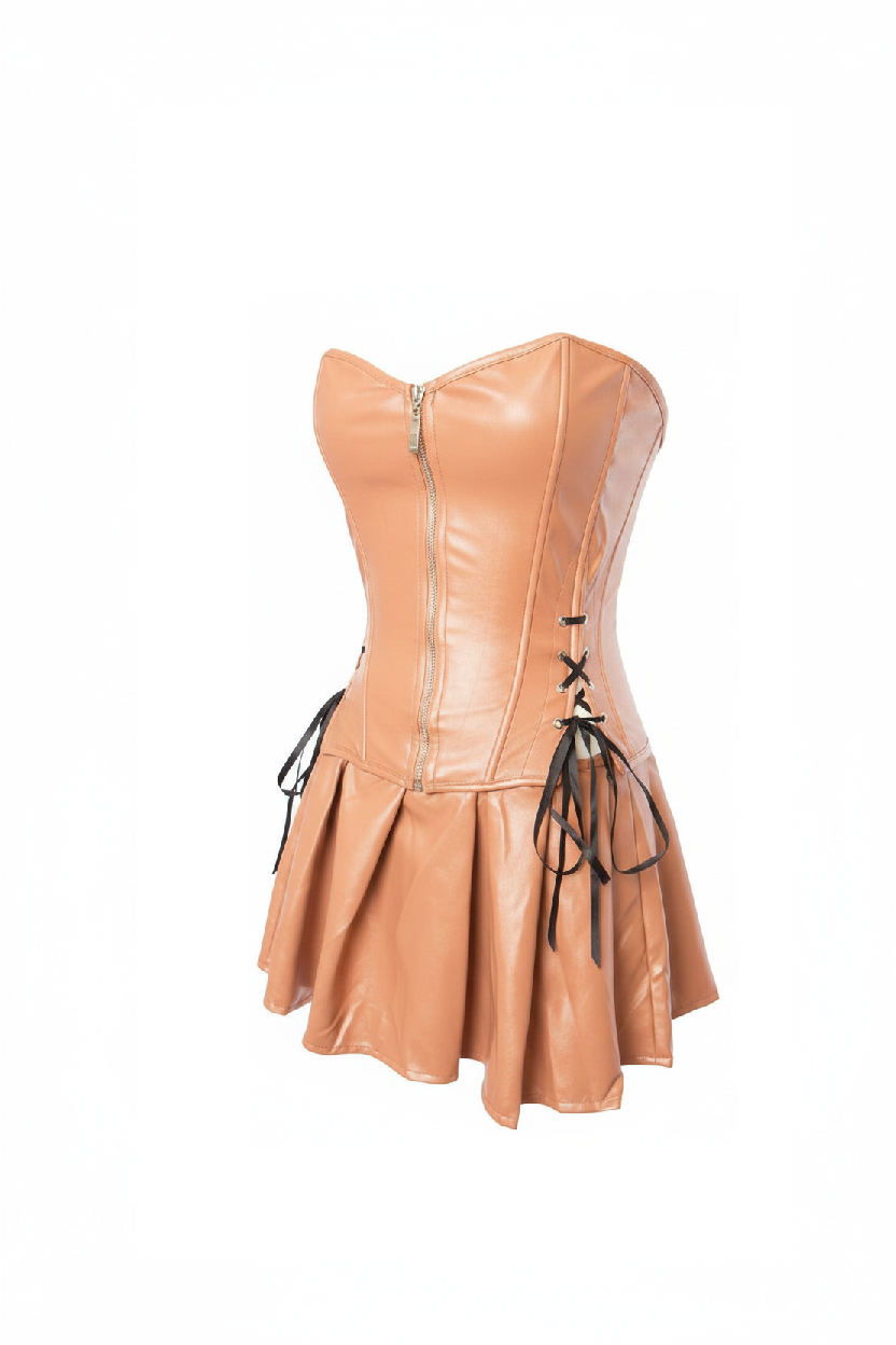 Tan leather corset dress with black laces