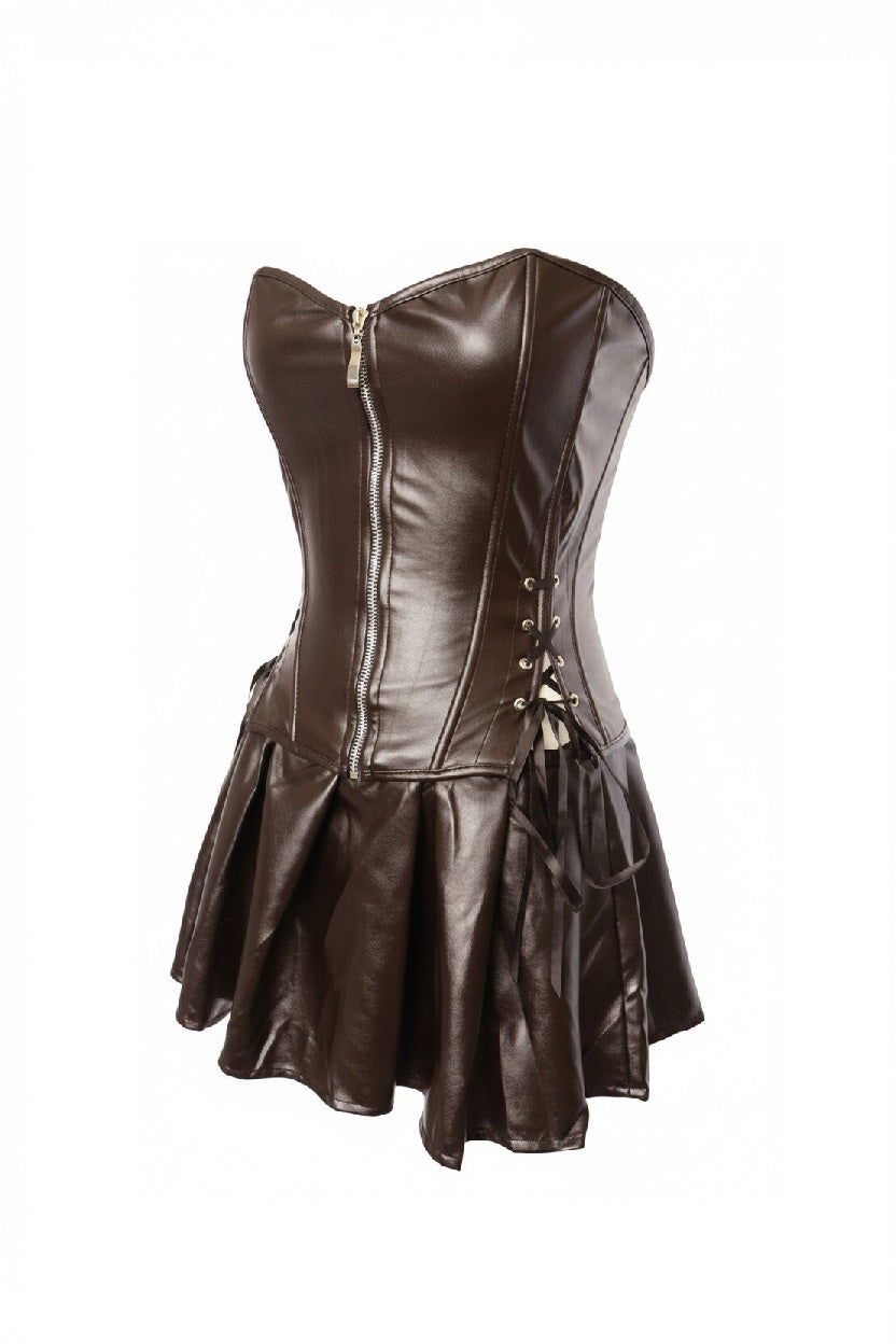 Black leather dress with zipper and pleated skirt